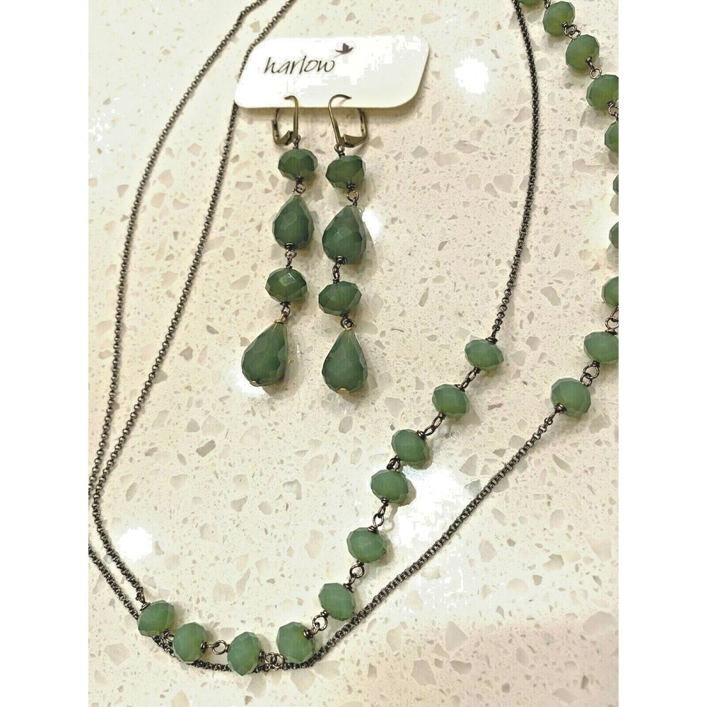 Harlow Blue Moss Crystal 3.25" Dangle Earrings 38" Necklace Set Boho Brass